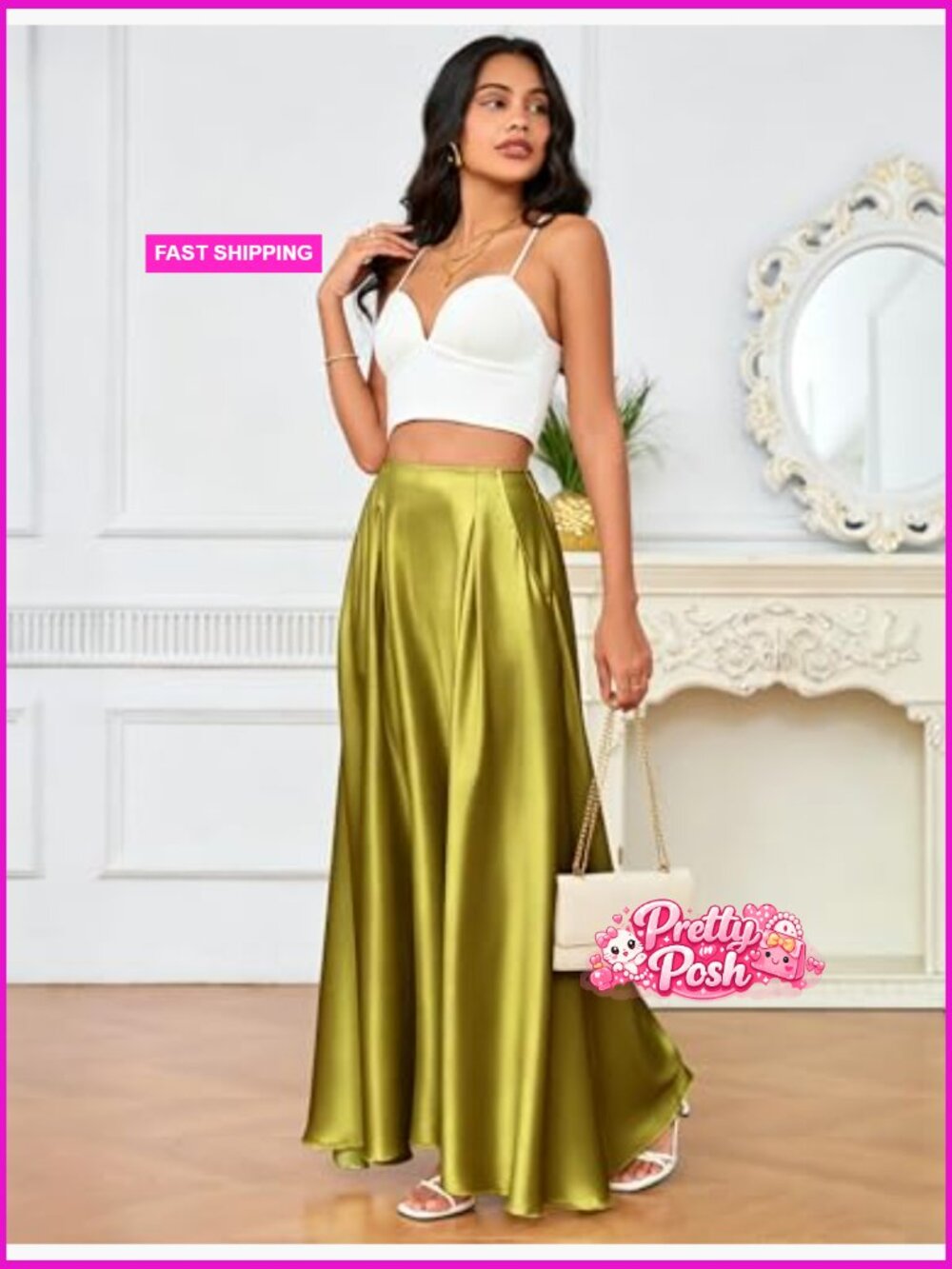 High Waisted Flowy Maxi Skirt with Pockets Satin - Picture 3 of 6
